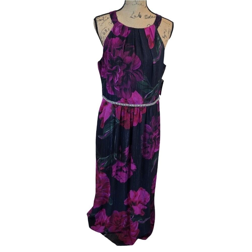 SLNY Womens Floral Metallic Halter Maxi Dress Fuchsia Mult Rhinestone Belt 14